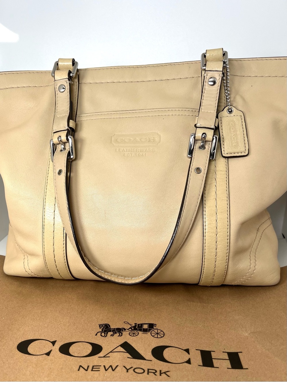 Vintage Coach Butter Yellow Leather Hampton Tote Bag Blue Lining F13098